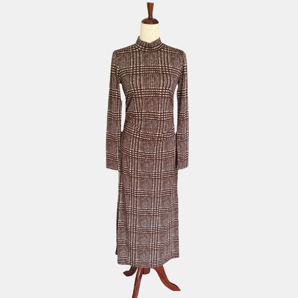 LOFT Womens Brown Houndstooth Plaid Mock Neck Ruched Maxi Dress NWT Small
